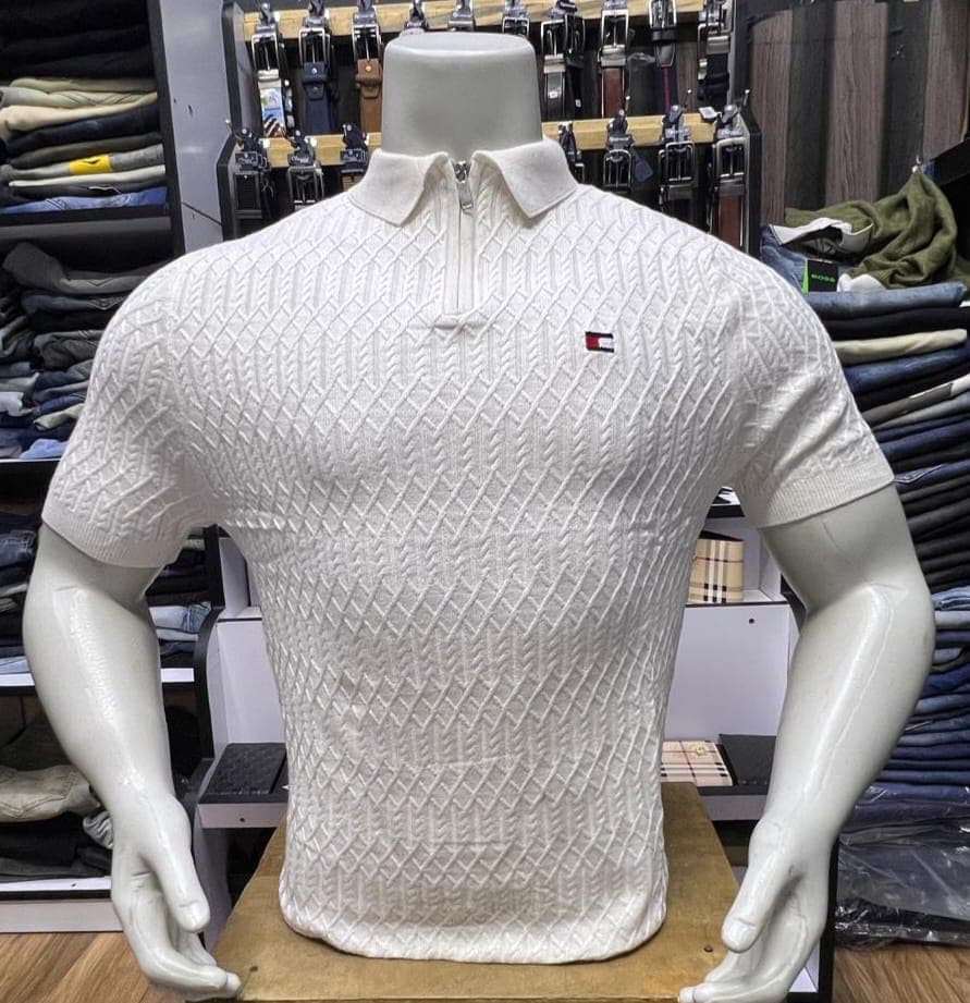 Men's Diamond Cable Knit Quarter-Zip Polo (Off-White)