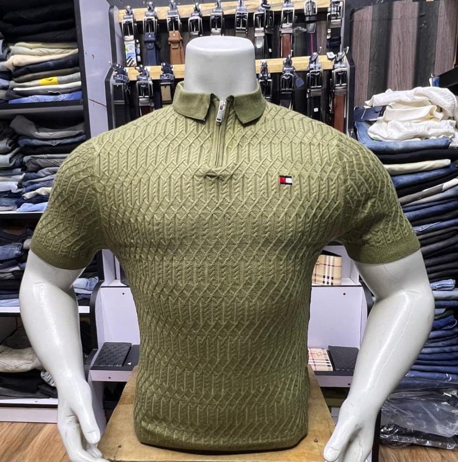 Men's Diamond Cable Knit Quarter-Zip Polo (Olive Green)
