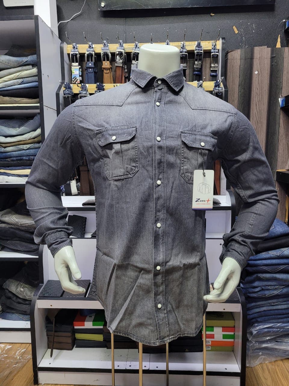 Men's Western Slim-Fit Denim Shirt (Charcoal Grey)