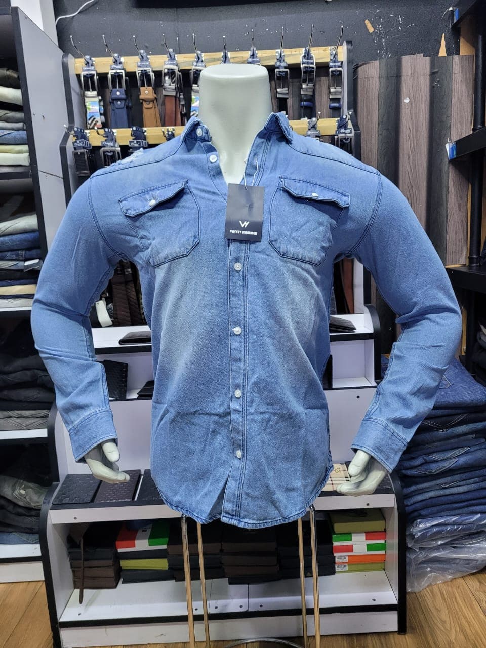 Men's Distressed Slim-Fit Denim Shirt (Mid-Wash Blue)