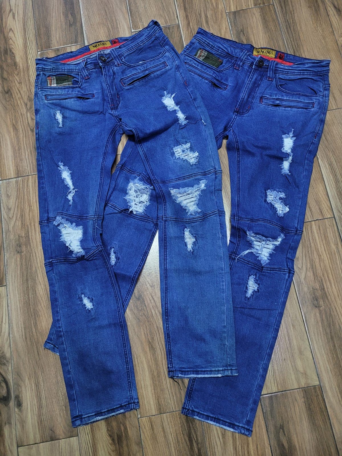 Makobi Men’s Blue Distressed Moto Slim-Fit Jeans